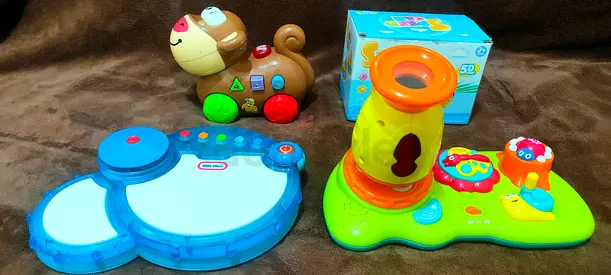 Set of 3 Baby Activity Toys — Musical Drum, Light-Up Spinner & Pull-Along Puppy