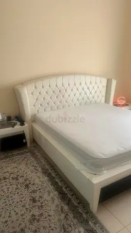 White tufted king-size bed frame with mattress and tables FOR SALE