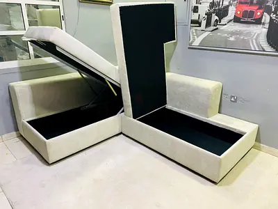 Pair of L-shaped Upholstered Storage Daybeds (Cream) - Good Condition
