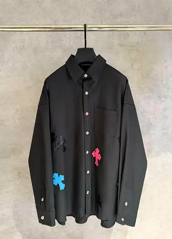 Black Button-Down Shirt with Cross Patches