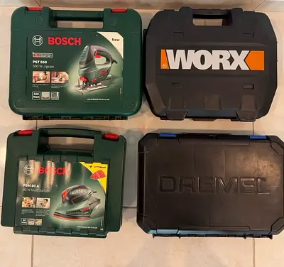 Set of 4 Power Tool Kits in Hard Cases — Bosch, Worx, Dremel (Used)