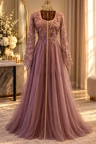 Mauve Lace and Tulle Long Sleeve Evening Gown