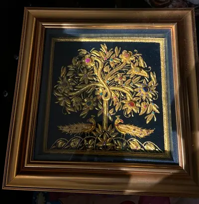 Framed Gold Embossed Tree with Peacocks Artwork