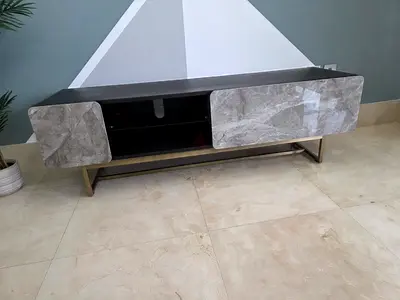 Modern TV Stand with Marble Finish Doors and Metal Legs