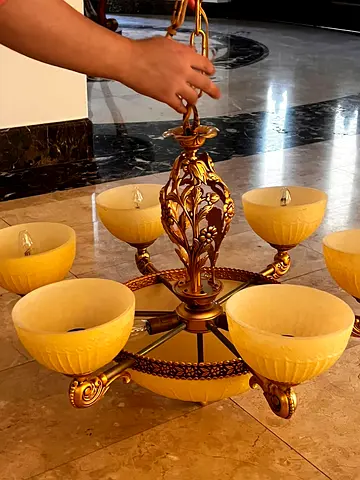 Vintage Gold 6-Arm Chandelier with Frosted Glass Bowls