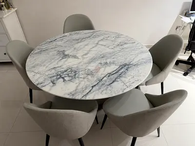Round Marble-Top Dining Table with 5 Grey Upholstered Chairs - Good Condition 6 month old
