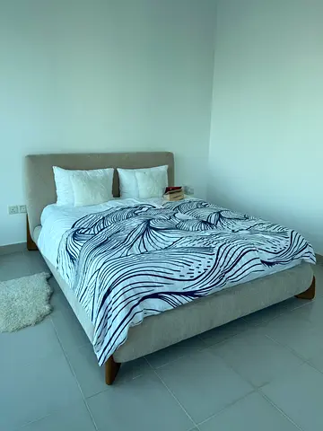 Queen fabric bed frame with headboard - light beige, good condition mattress included