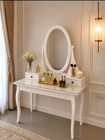 White Wooden Dressing Table with Oval Mirror