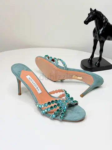 AQUAZZURA teal suede beaded strappy heeled mules, size unknown