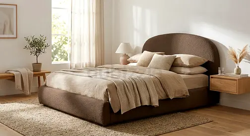 Brown upholstered double bed with curved headboard - Brand new