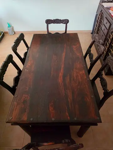 Solid Wood Carved Dining Table with 6 Chairs - Dark Finish