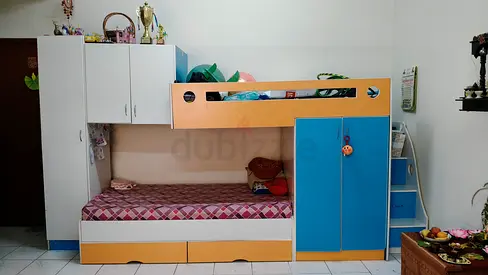 Kids loft bed with wardrobe, storage drawers and shelves - good condition