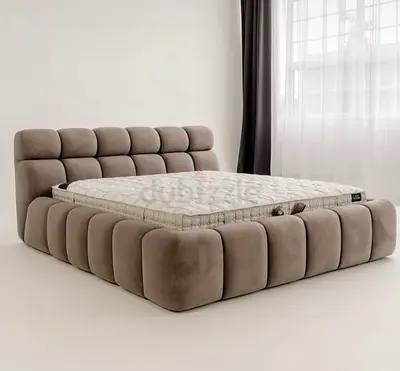 Modern Upholstered Plush King Bed Frame with Padded Headboard