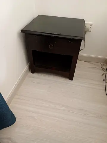 Small dark wood bedside table with drawer and open shelf
