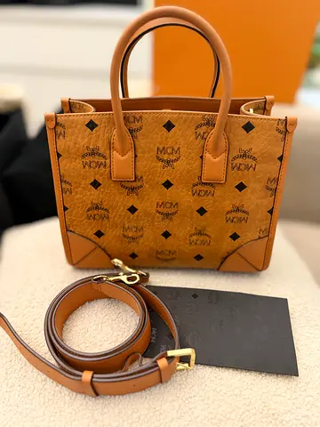 MCM Visetos Small Shopper Tote with Detachable Strap - Cognac