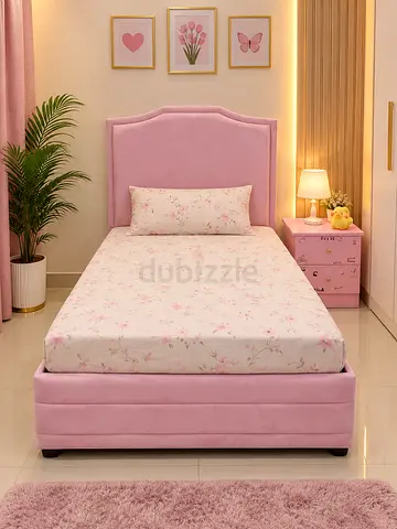 Pink Upholstered Single Bed Frame with Matching Headboard