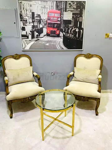 Pair of Vintage Style Upholstered Accent Chairs with Glass Side Table