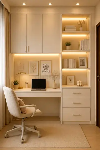 Built-in home office desk with shelving and cabinets - cream finish