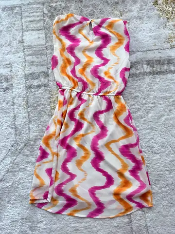 Strapless Summer Dress White with Pink & Orange Waves, Size EU 146, UK 10-11, 9-10 years old Girls
