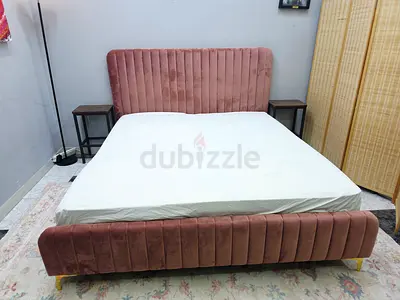 Pink Velvet Upholstered Bed Frame with Fluted Headboard