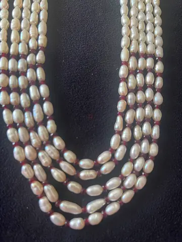 Multi-strand Authentic Hyderabad Freshwater Pearl Necklace with Red Spacer Beads