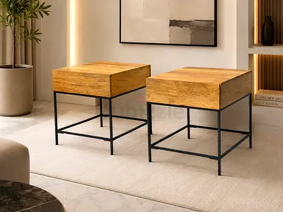 West Elm Pair of Solid Wood Side Tables with Metal Frame - Modern Minimalist