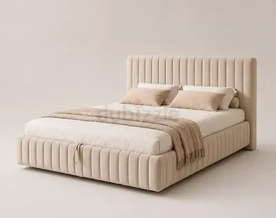 Upholstered Beige Queen Bed with Padded Headboard
