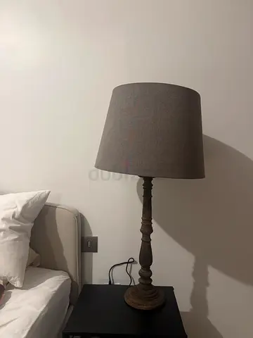 Wooden Base Table Lamp with Grey Fabric Shade - Good Condition