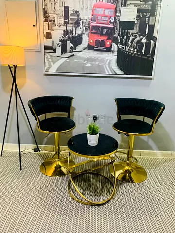 Pair of Velvet Swivel Bar Stools with Gold Base + Matching Side Table