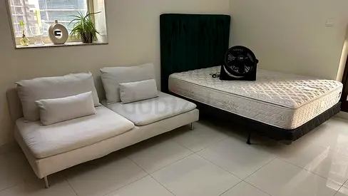 White 2-seater sofa and queen mattress with green headboard - used