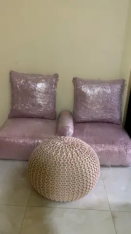 Low-seating floor sofa set with pouf - 2-seater modular cushions (light mauve)