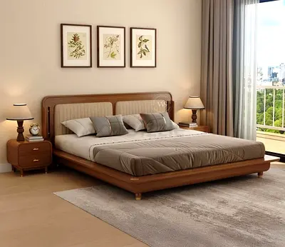 Modern low-profile wooden queen bed with padded headboard