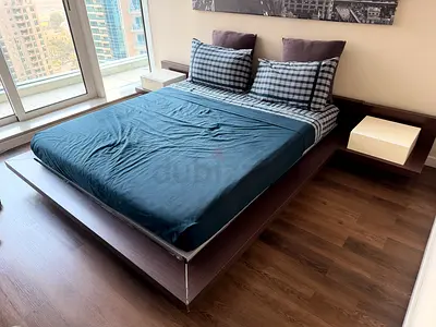 REDUCED PRICE Queen wooden bed frame with headboard and bedside shelves + drawer + mattress