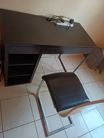 Dark brown study desk with storage cubbies and matching chair