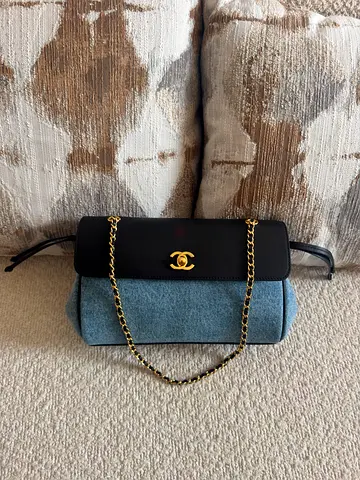 Chanel-inspired navy suede & black leather chain shoulder bag