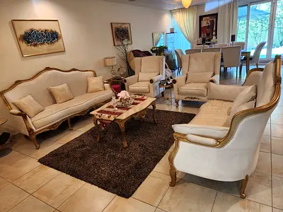 Classic cream and gold 4-piece living room sofa set with armchairs. 3+2+1+1