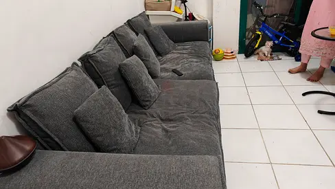 Large grey fabric 4-seater sofa with cushions - good condition