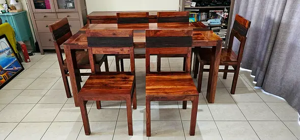 RARE! hard to find nowadays - Solid Sheesham Wood Dining Table with 6 Chairs - Sturdy, Rustic Finish