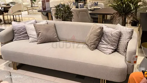 Homesrus 3-seater antique gold, cream taupe sofa with cushions - pristine condition