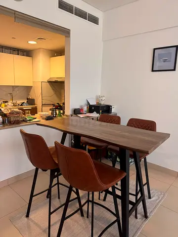 Wooden Bar Table with 4 Brown Leather Stools - Excellent Condition