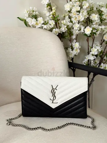 YSL Monogram Quilted Leather Chain Wallet - Black & White