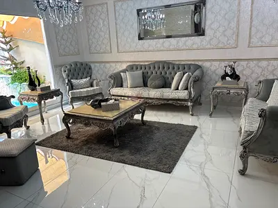 Silver Victorian-style Living Room Sofa Set with Coffee & Side Tables