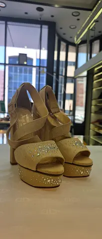 Beige platform wedge sandals with rhinestone detail - size available