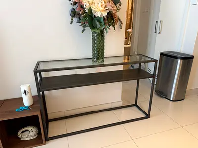 Glass Top Metal Console Table with Middle Shelf - Good Condition