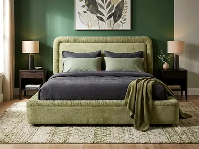 Green Upholstered Platform Bed with Padded Headboard - Queen