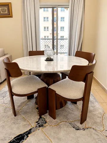 Round Natural Marble Top Dining Table with 4 Wooden Chairs - Modern Set