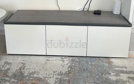 Low white TV cabinet / media console with grey top - good condition