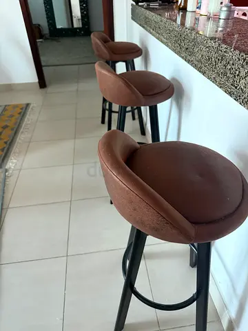 Set of 3 Brown Padded Bar Stools with Metal Frame