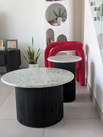 Pair of Modern Round Coffee Tables with Terrazzo Tops