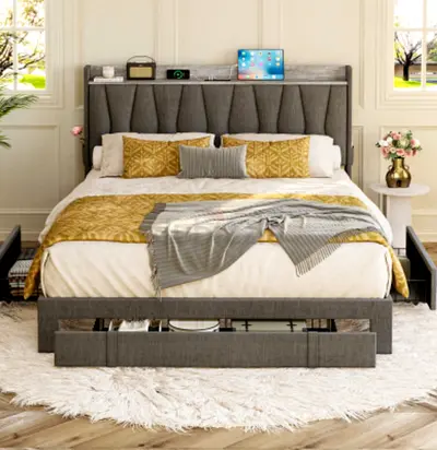 Modern Upholstered Bed Frame with Storage and Charging Station